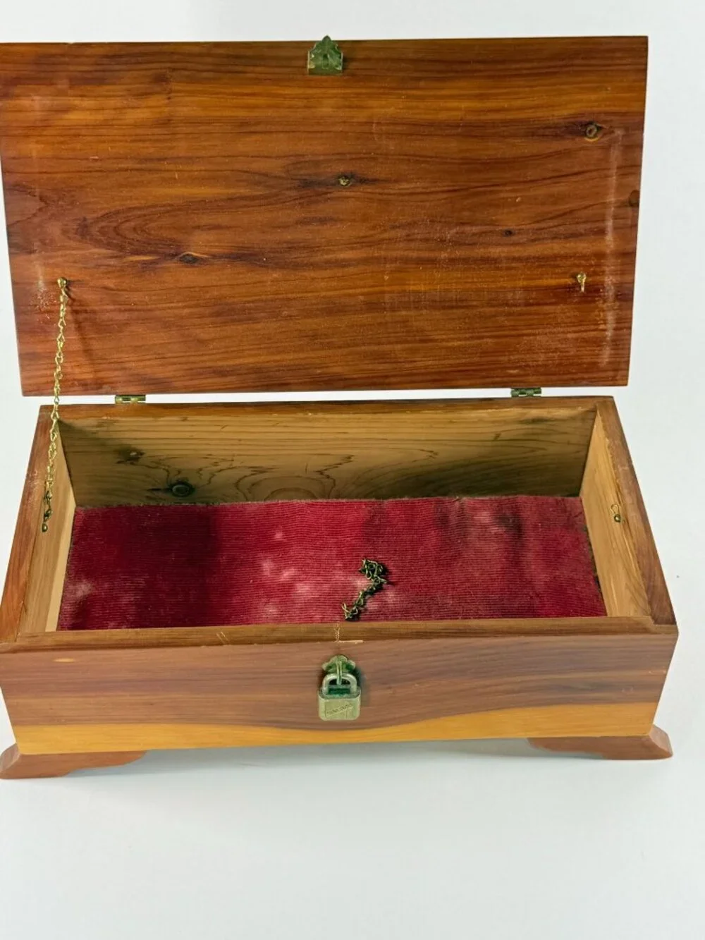 Vintage Wooden Cedar Jewelry Box With Red Velvet Lining Gold Hardware Lock